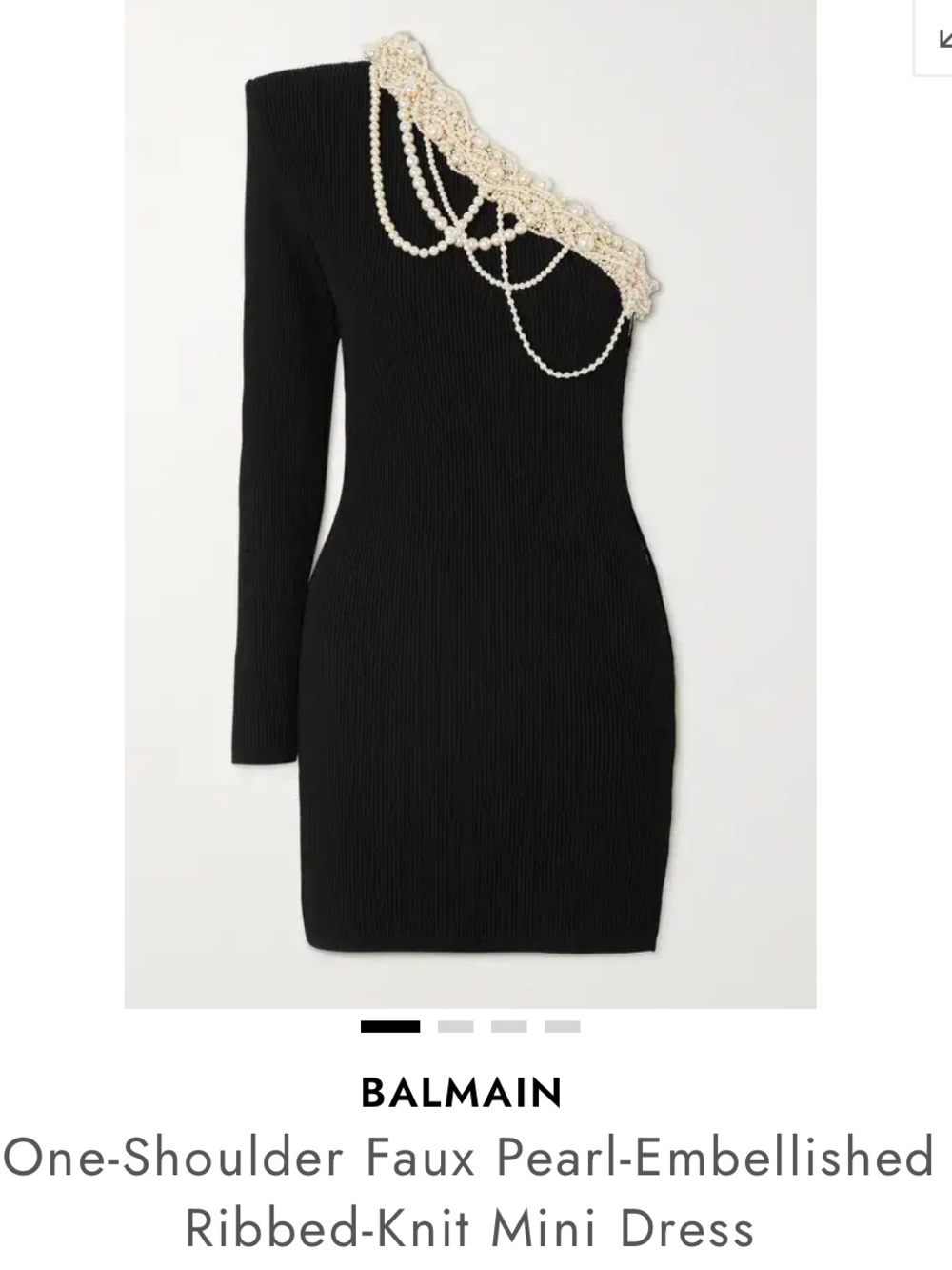 Balmain Black One-Shoulder Faux Pearl-Embellished Ribbed Knit Mini Dress.